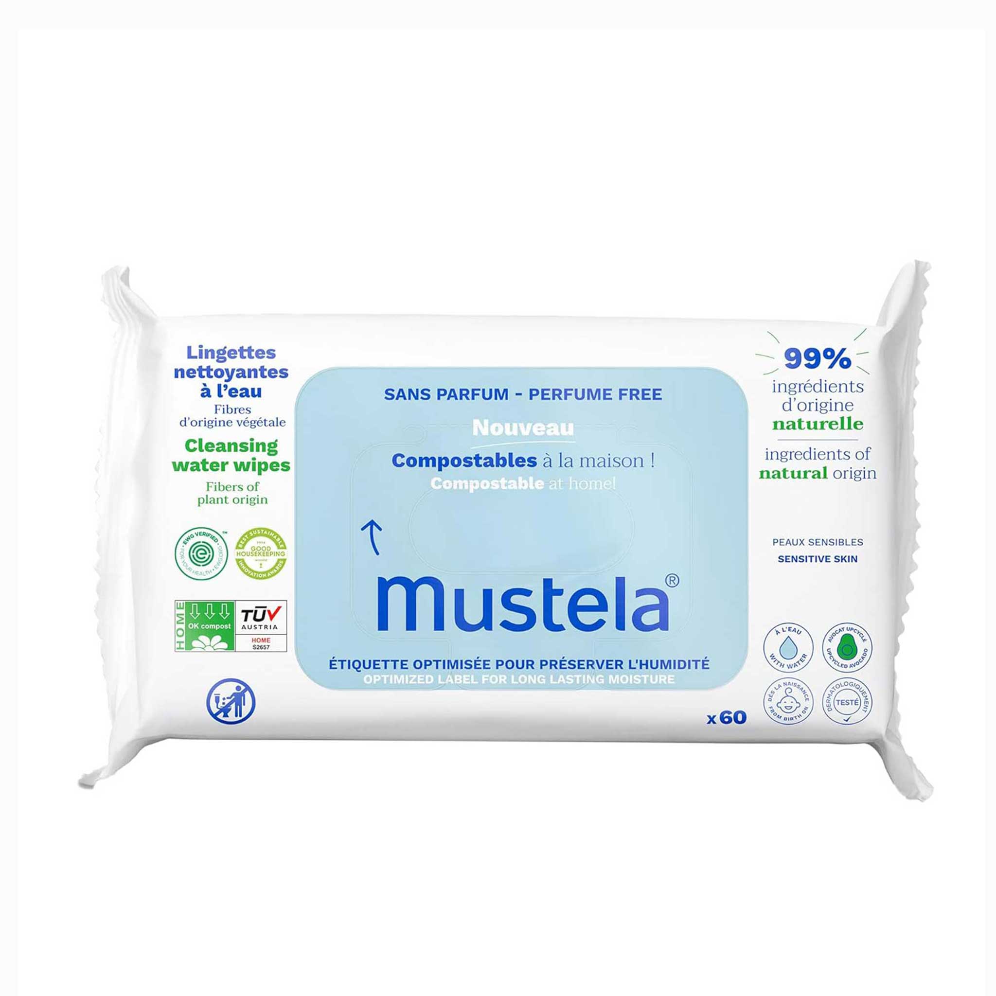 Mustela Cleansing Water Wipes – 60-Pack for Gentle Hydration